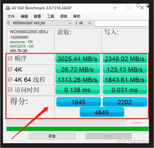 AS SSD Benchmark 得分查看 固态硬盘 性能