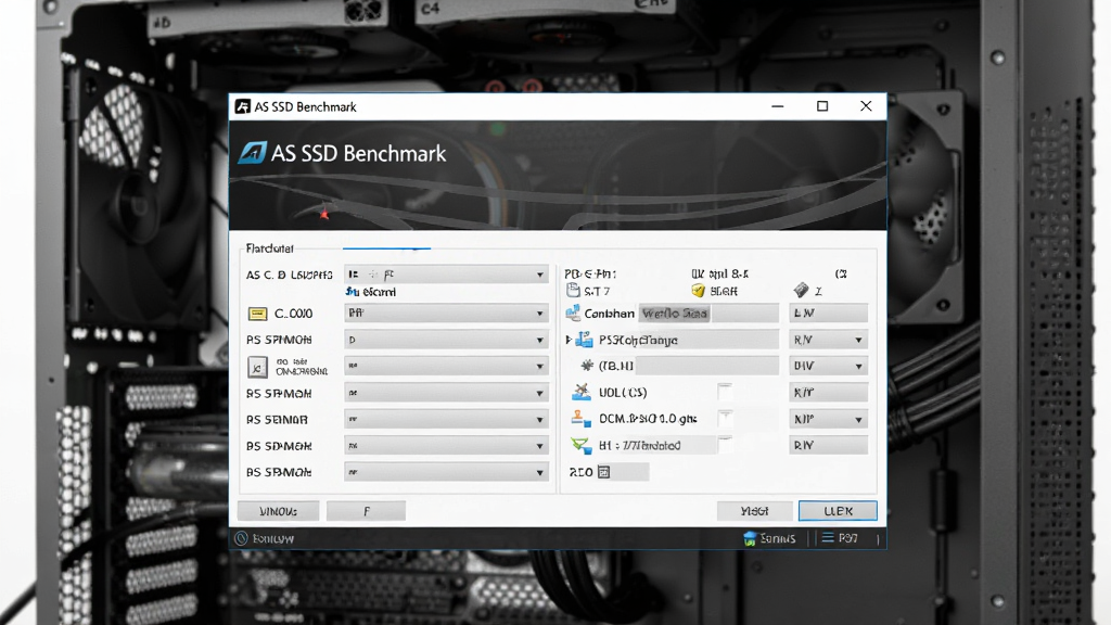 主体:AS SSD Benchmark软件在Windows电脑上运行的截图,背景是台式机机箱内部。布局:电脑屏幕居中,界面显示测试结果。排版:屏幕画面清晰可辨,软件窗口突出。风格:写实风格,光线明亮。细节:屏幕上有“AS SSD Benchmark”软件窗口。画质:高清,干净,无多余元素。