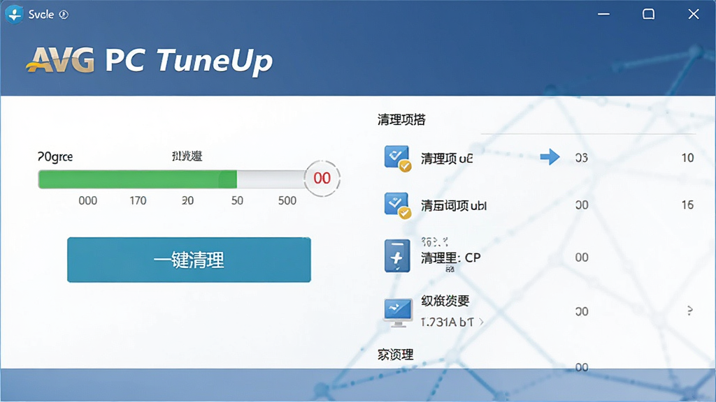 AVG PC TuneUp正在进行系统扫描的界面预览图,界面显示进度条和待清理项目列表,配色清新,布局规整,突出“一键清理”按钮,画质干净