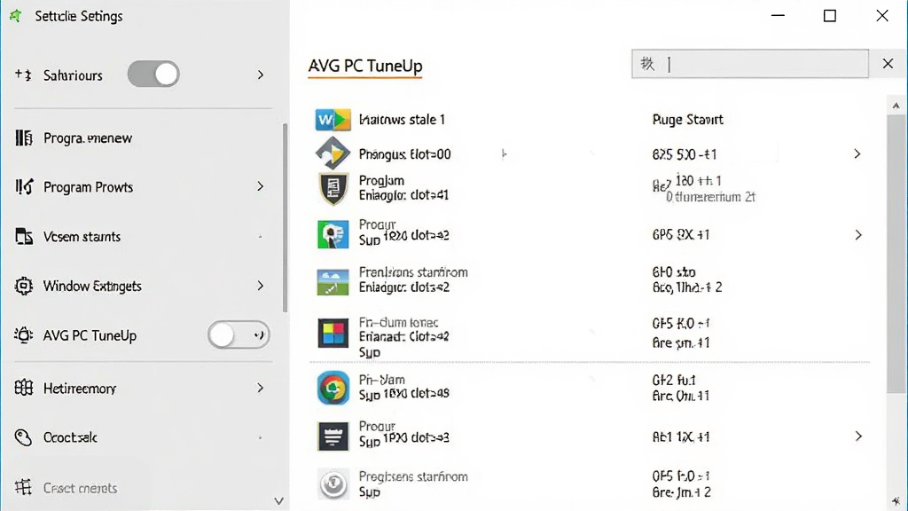 展示AVG PC TuneUp在Windows设置中管理启动项的界面示意图,界面包含开关按钮和程序列表,风格简洁,文字清晰可见,画质干净