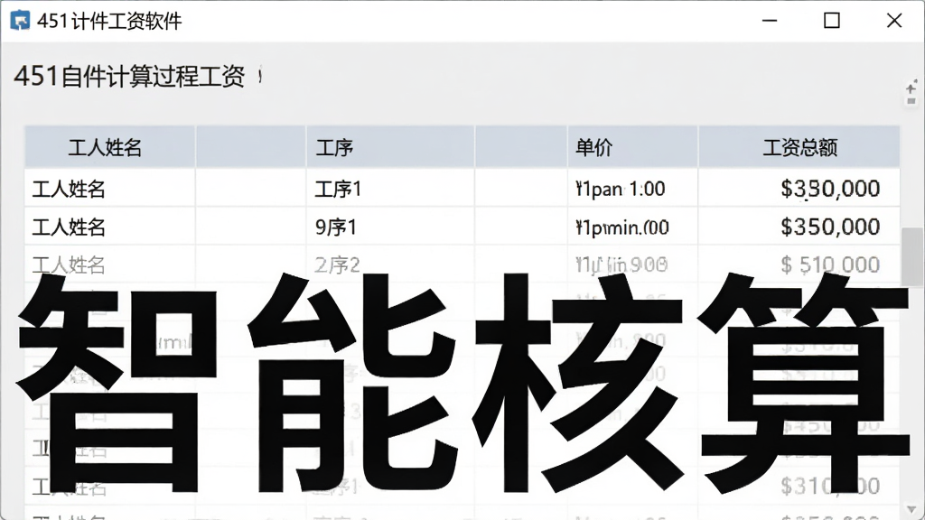 展示451计件工资软件工资自动计算过程,界面显示工人姓名、工序、数量、单价及工资总额,数据表格清晰,背景为浅灰色,风格半扁平化,突出“智能核算”字样,画质干净,无多余元素