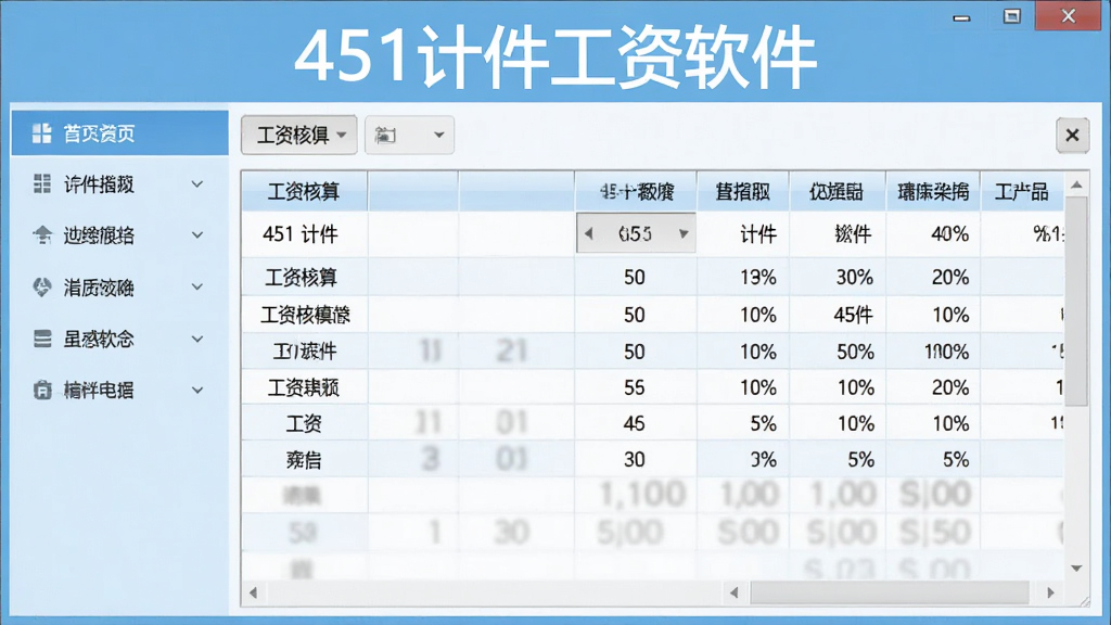 图片展示451计件工资软件的主界面,布局清晰,左侧为导航菜单,右侧显示工资核算表格,整体风格简洁商务,浅蓝色调,屏幕上方有“451计件工资软件”字样,画质清晰,无多余元素