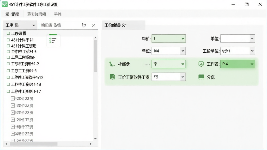 展示451计件工资软件工序工价设置页面,左侧为工序列表,右侧为工价编辑区域,包含单价、单位等字段,界面整洁,浅绿色高亮显示,画质清晰,无多余元素