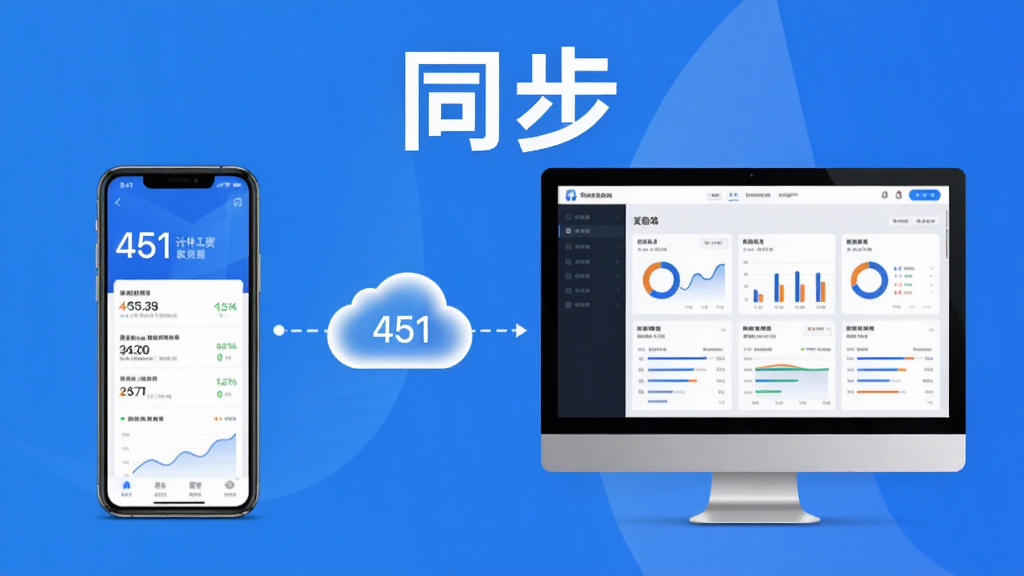 展示451计件工资软件多端同步示意图,左侧为手机端界面,右侧为电脑端看板,中间有云朵图标连接,背景为蓝色渐变,风格现代简洁,突出“同步”字样,画质干净,无多余元素