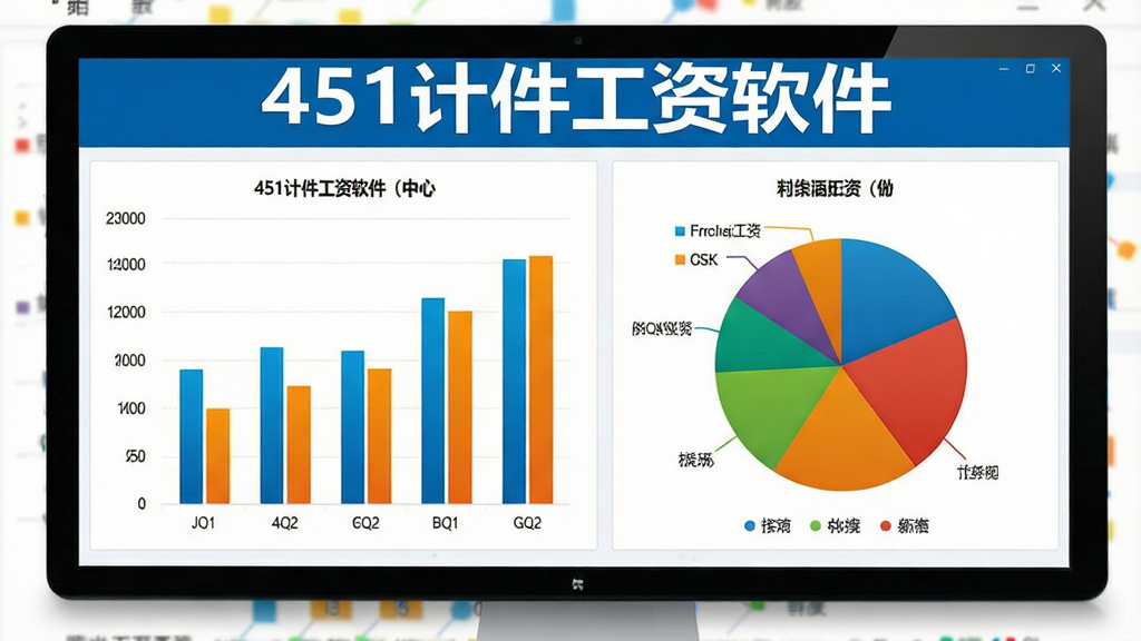 展示451计件工资软件报表中心,屏幕上显示柱状图与饼图,背景为白色,图表色彩鲜艳,界面布局专业,顶部有“451计件工资软件”字样,画质清晰,无多余元素