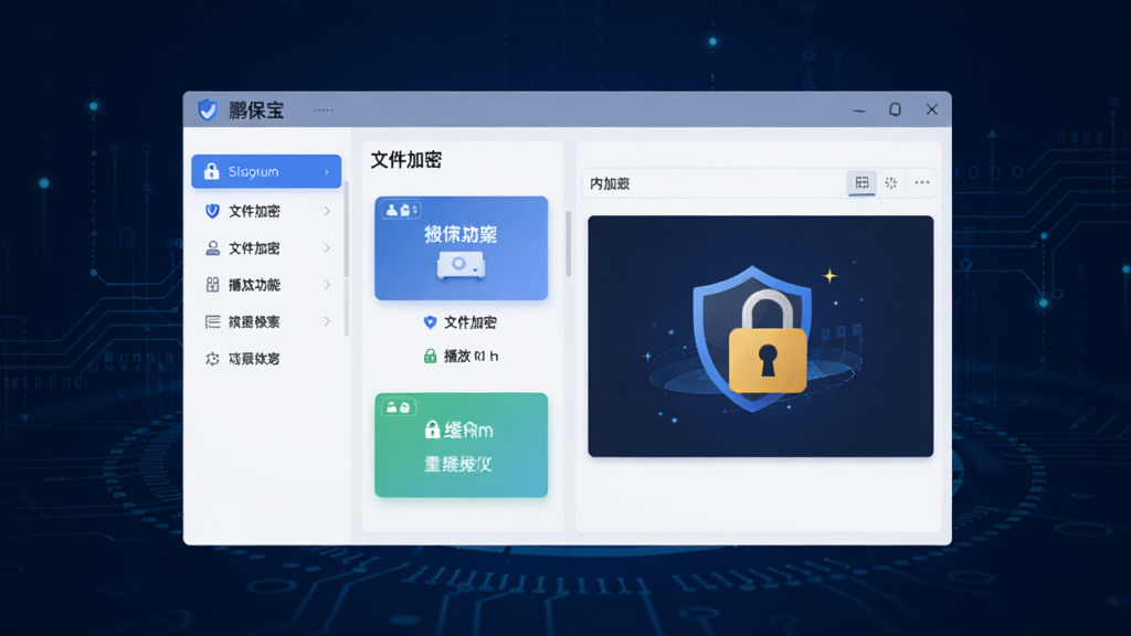 画面主体为鹏保宝软件主界面悬浮在深蓝色科技感背景上,界面清晰展示文件加密与播放功能模块,布局为左右结构左侧功能列表右侧内容预览,风格为现代扁平化设计,细节包含安全盾牌图标与加密锁标识,画质清晰干净无多余元素