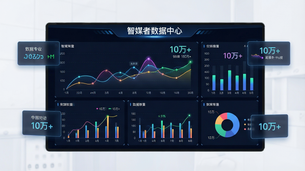 主体:智媒者软件的数据分析仪表盘,屏幕显示各种图表和数据。布局:大屏居中,周围有悬浮数据卡片。排版:图表类型丰富,包括折线图、柱状图、饼图,顶部有“智媒者数据中心”标题。风格:商务科技风,深色背景,彩色数据线条。细节:数据实时跳动,图表带有光晕,显示“10万+”等数字。画质:高清,干净无多余元素。