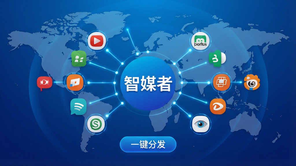 主体:智媒者软件的多平台分发界面,背景为世界地图轮廓,中心是“智媒者”Logo,周围环绕各大媒体平台图标。布局:Logo居中,平台图标呈环形排列,连接线从中心向外辐射。排版:扁平化设计,图标大小统一,下方有“一键分发”按钮。风格:商务科技感,蓝色渐变背景,简洁明亮。细节:平台图标清晰可辨,连接线带有光效,整体动感十足。画质:高清,干净无多余元素。