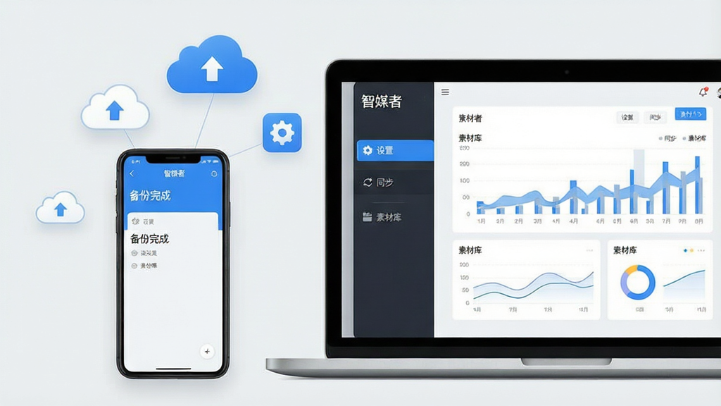 主体:一部智能手机和一台笔记本电脑并排摆放,屏幕中显示智媒者软件的操作界面,周围有云备份图标和设置齿轮图标。布局:手机在左,电脑在右,云图标悬浮于上方。排版:界面清晰,展示“设置”、“同步”、“素材库”菜单。风格:清新自然,浅灰色背景,蓝色点缀。细节:手机显示“备份完成”字样,电脑显示数据图表。画质:高清,干净无多余元素。