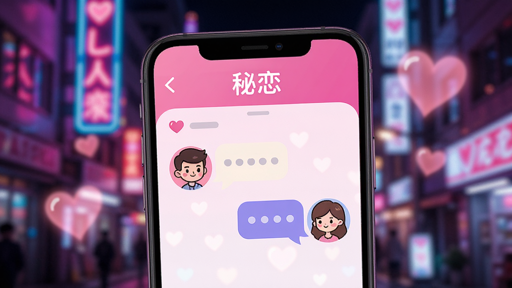 一个充满浪漫氛围的现代都市夜景,手机屏幕显示“秘恋”应用界面,界面中有两个卡通情侣头像在对话气泡旁,背景是模糊的霓虹灯和心形光影,整体色调以粉色和紫色为主,画面干净,无多余元素,画质高清