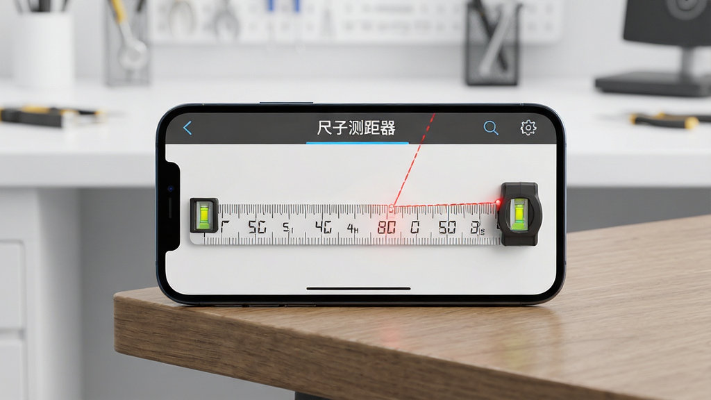 一幅展现智能手机横屏放置在木桌边缘,屏幕清晰显示逼真的刻度尺与激光测距点,背景为简洁明亮的现代化工作台,主体突出“尺子测距器”应用界面,布局居中,排版干净,风格写实且略带科技感,细节包括屏幕上的数字读数与水平仪气泡,画质高清,干净无多余元素