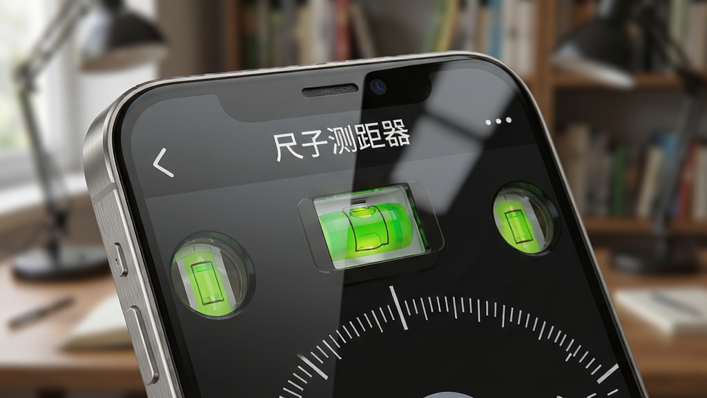 手机屏幕特写显示“尺子测距器”的水平仪界面,绿色气泡居中显示,屏幕边缘带有细腻的金属质感边框,背景为虚化的书房场景,主体突出应用界面,布局简洁,排版清晰,风格写实,细节表现屏幕玻璃反光与刻度盘精细度,画质高清晰,无多余元素