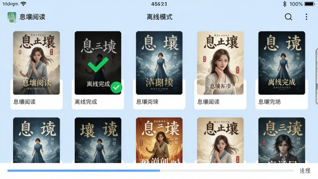 图片主体是息壤阅读APP的书架页面,背景为淡蓝色,书架网格中展示多本小说封面,其中一本封面带有绿色对勾表示离线完成,屏幕底部有下载进度条,顶部状态栏显示“息壤阅读”与“离线模式”字样,风格简洁明快,细节丰富,画质清晰,无多余元素