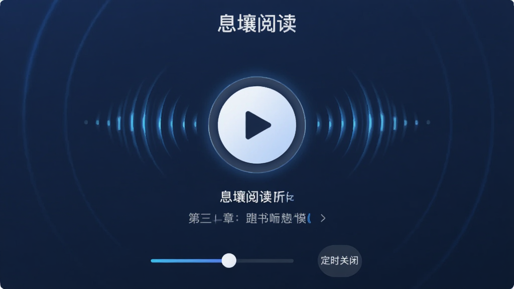 图片主体为息壤阅读APP的听书模式界面,背景为深蓝色,中央是一个圆形播放按钮,周围环绕音波动态效果,下方显示书籍名称与章节标题,界面底部有语速调节与定时关闭图标,顶部标注“息壤阅读”字样,风格科技感十足,画质通透干净,无多余元素