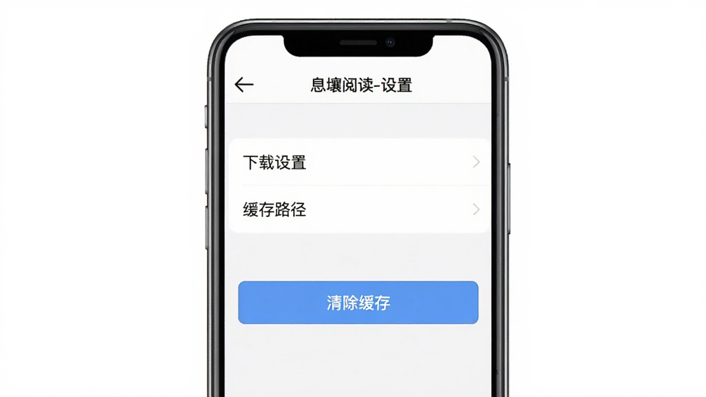 图片主体为息壤阅读APP的移动端设置页面,背景为白色,屏幕中央显示“下载设置”与“缓存路径”选项,下方有一个“清除缓存”按钮,顶部有返回箭头与“息壤阅读-设置”字样,风格简洁清晰,细节丰富,画质干净,无多余元素