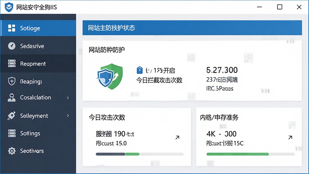 一张展示网站安全狗IIS版软件主界面的高清截图,界面左侧为功能导航栏,右侧为安全防护状态总览面板,显示网站防护已开启、今日拦截攻击次数、服务器CPU与内存占用率等核心数据,整体风格简洁专业,图标清晰,色彩以蓝色和白色为主,画面干净无多余元素,4K画质