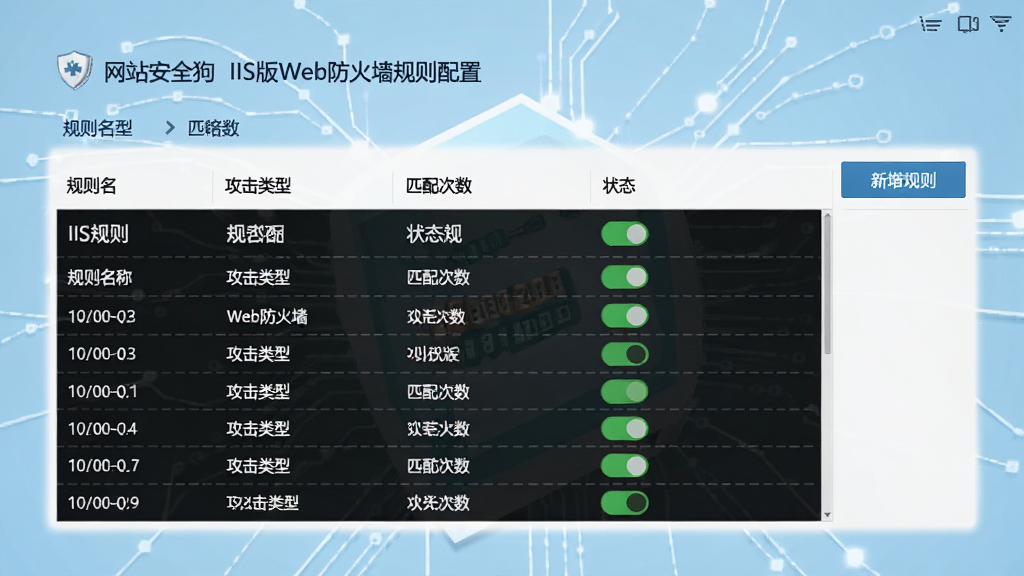 一张网站安全狗IIS版Web防火墙规则配置界面的示意图,画面中央展示规则列表,包含规则名称、攻击类型、匹配次数、状态开关等栏目,右侧有新增规则按钮,界面布局清晰,表格数据整齐,背景为淡蓝色科技风格,文字标签清晰,整体干净专业,画质清晰