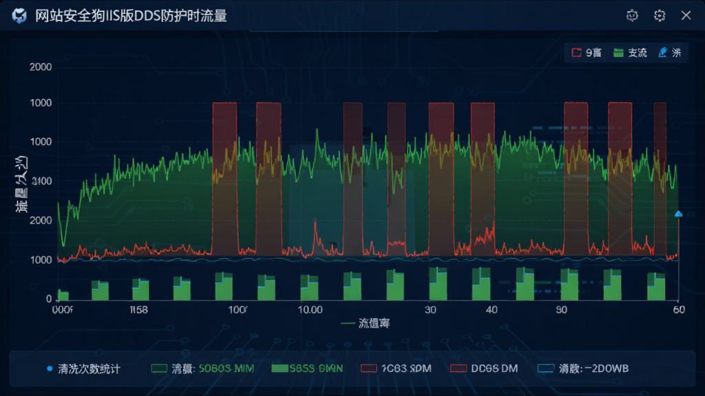 一张网站安全狗IIS版DDoS防护实时流量监控图表的图片,画面为折线图与柱状图组合,横轴为时间,纵轴为流量大小,正常流量用绿色表示,攻击流量用红色标记,图表下方有清洗次数统计,整体界面科技感强,数据可视化清晰,背景深蓝色,干净无干扰元素,高分辨率