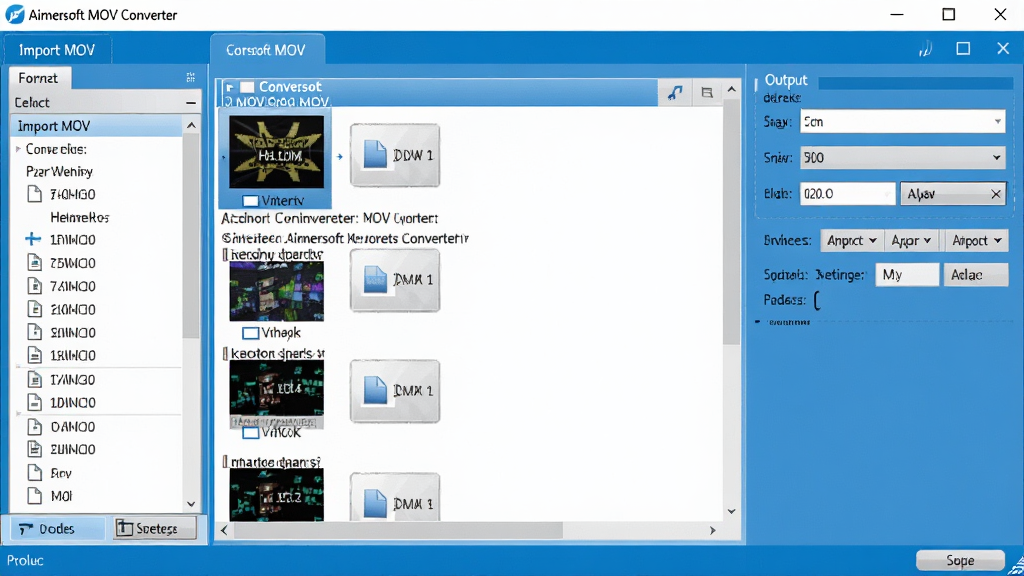 一张展示 Aimersoft MOV Converter 软件主界面的高清电脑截图,界面清晰显示导入 MOV 文件后的转换列表,左侧为格式选择面板,右侧为输出设置区域,整体风格简洁现代,蓝色调为主,画质干净,无多余元素,软件名称“Aimersoft MOV Converter”出现在顶部标题栏