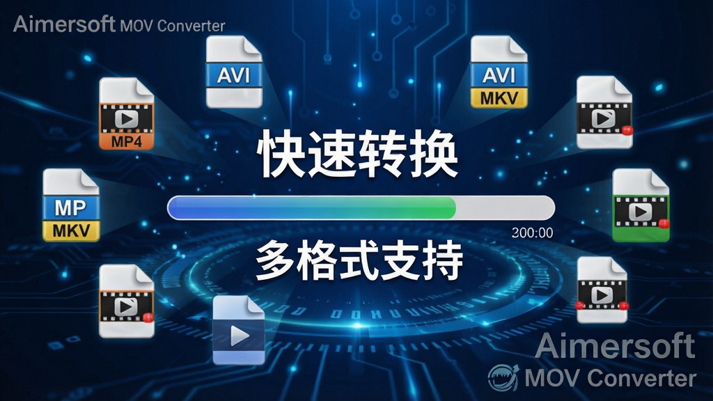 一张动态效果图,画面中央显示 Aimersoft MOV Converter 的转换进度条,周围环绕着不同格式的视频文件图标,如 MP4、AVI、MKV,背景为深蓝色科技感光效,突出“快速转换”与“多格式支持”,软件名称“Aimersoft MOV Converter”以水印形式呈现在角落,画质清晰干净