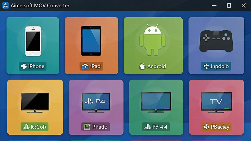 一张 Aimersoft MOV Converter 预设选择界面的截图特写,展示多种设备图标如 iPhone、iPad、Android、PS4、智能电视等,每个图标下方有对应的格式标签,界面采用卡片式布局,色彩明快,画质干净,无多余元素,软件名称“Aimersoft MOV Converter”在界面左上角显示