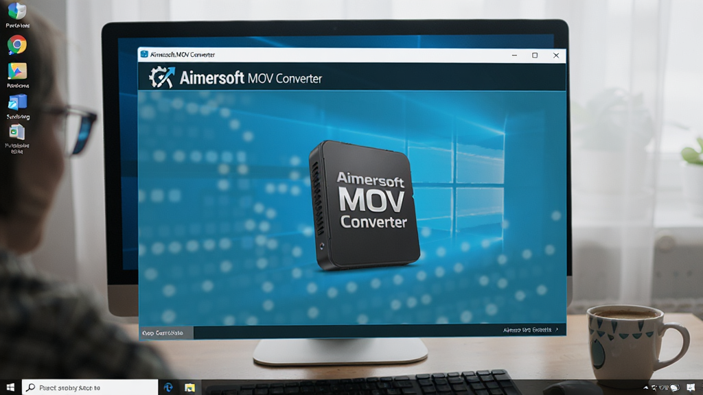 一张展示 Aimersoft MOV Converter 在电脑上运行的画面,背景为 Windows 桌面,软件主窗口清晰可见,界面整洁,旁边放置一杯咖啡,示意用户在轻松环境下使用,整体风格生活化,画质清晰,软件名称“Aimersoft MOV Converter”在界面顶部显示