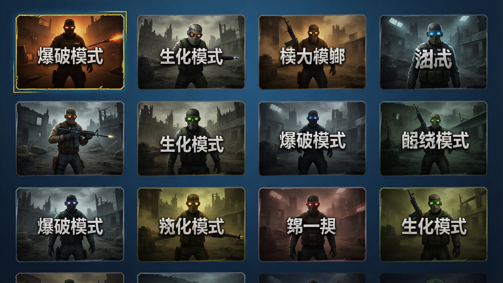 画面展示游戏模式选择界面,主体为多个模式图标卡片排列,布局为网格状,排版整齐,风格为UI界面截图,细节包括“爆破模式”“生化模式”等文字标签,画质高清,干净无多余元素。
