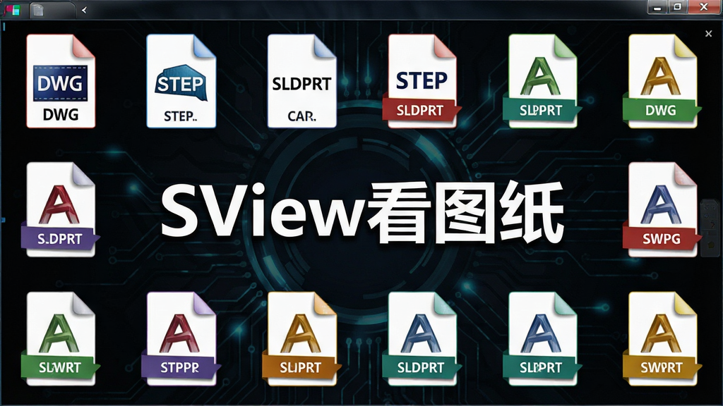 一张SView看图纸软件的文件打开界面截图风格图片,界面中列举了多种CAD文件格式图标,如DWG、STEP、SLDPRT等,背景为深色科技感纹理,中央有“SView看图纸”字样,布局清晰,画质细腻,色彩鲜艳,无多余元素