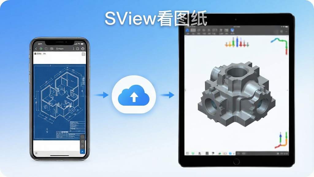 一张展示SView看图纸软件在手机和平板上使用的对比图,左边手机显示二维图纸,右边平板显示三维装配体,两者通过云同步图标连接,背景为简洁的渐变蓝白底色,画面风格现代,清晰展示跨设备协同场景,文字标识“SView看图纸”清晰可见,画质纯净,无多余元素