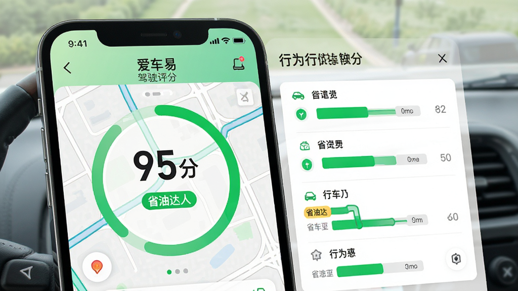 主体:手机显示“爱车易”驾驶评分页面,路线轨迹地图;布局:左侧评分环,右侧行为列表;排版:信息层级分明,圆环图+条形图;风格:明亮简洁,绿色主打;细节:评分95分,标签“省油达人”;画质:高清,干净,无多余元素