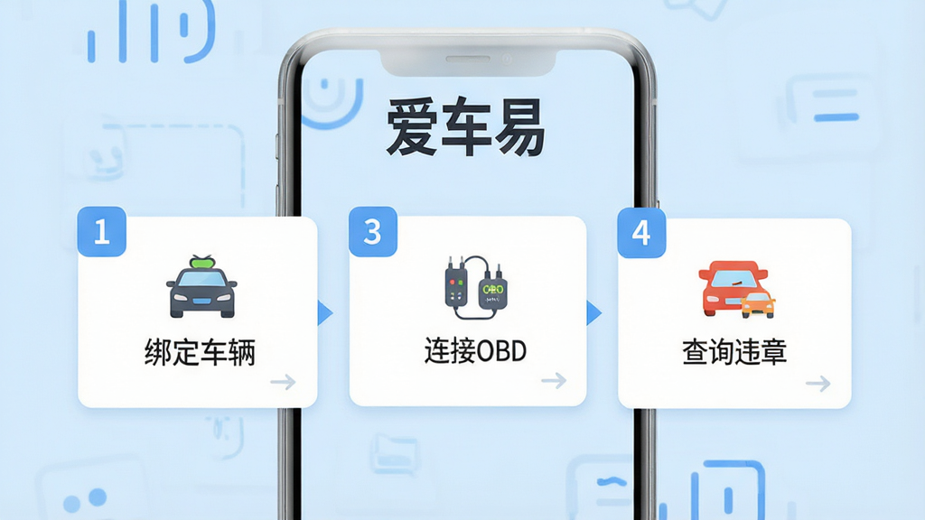 主体:手机展示“爱车易”使用教程页面,包含步骤图标;布局:分步指引,顶部大标题,中间步骤卡片;排版:横向排列,数字标识;风格:清新扁平,浅蓝背景;细节:步骤旁有小图标,文字“绑定车辆”、“连接OBD”、“查询违章”;画质:高清,干净,无多余元素
