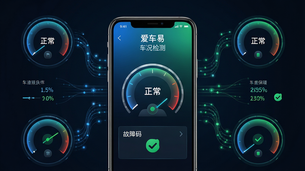 主体:手机屏幕显示“爱车易”车况检测界面,仪表盘图形;布局:居中手机,四周围绕车辆传感器数据流;排版:科技感数据可视化,圆形仪表;风格:深色背景,蓝绿渐变;细节:仪表盘显示“正常”,故障码区域绿色对勾;画质:高清,干净,无多余元素