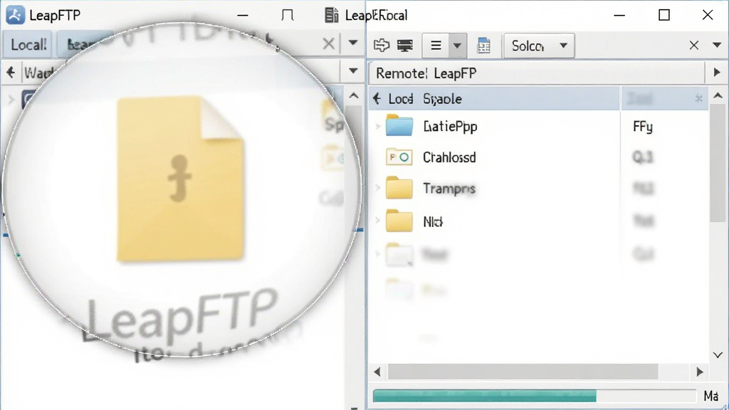 一张LeapFTP软件的双窗口界面局部放大图,左侧本地文件图标清晰,右侧远程服务器文件夹列表,底部有传输进度条,整体风格干净明亮,界面文字显示