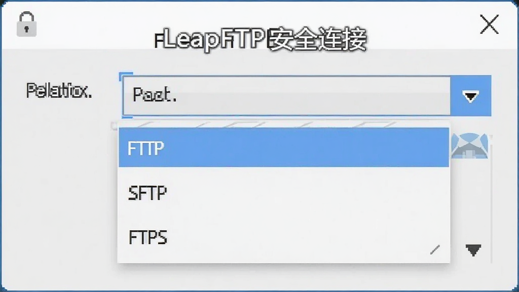 一张LeapFTP连接设置界面的截图,显示协议选择下拉菜单,包含FTP、SFTP、FTPS选项,窗口带有安全锁图标,背景为浅灰色,文字标注