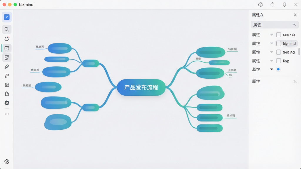 bizmind软件界面截图,中央显示一个自动美化的思维导图,主题为“产品发布流程”,分支采用蓝绿色渐变,节点圆润,线条流畅,界面工具栏在左侧,右侧有属性面板,背景为浅灰色,整体风格简洁现代,UI设计精致,高分辨率,干净无多余元素