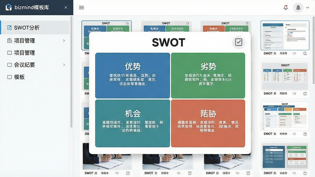一张bizmind模板库的截图,左侧列表显示“SWOT分析”、“项目管理”、“会议纪要”等模板分类,右侧展示缩略图,其中一张SWOT模板被放大,包含优势、劣势、机会、威胁四个象限,界面风格商务简洁,色彩协调,细节清晰,画质高,无多余元素