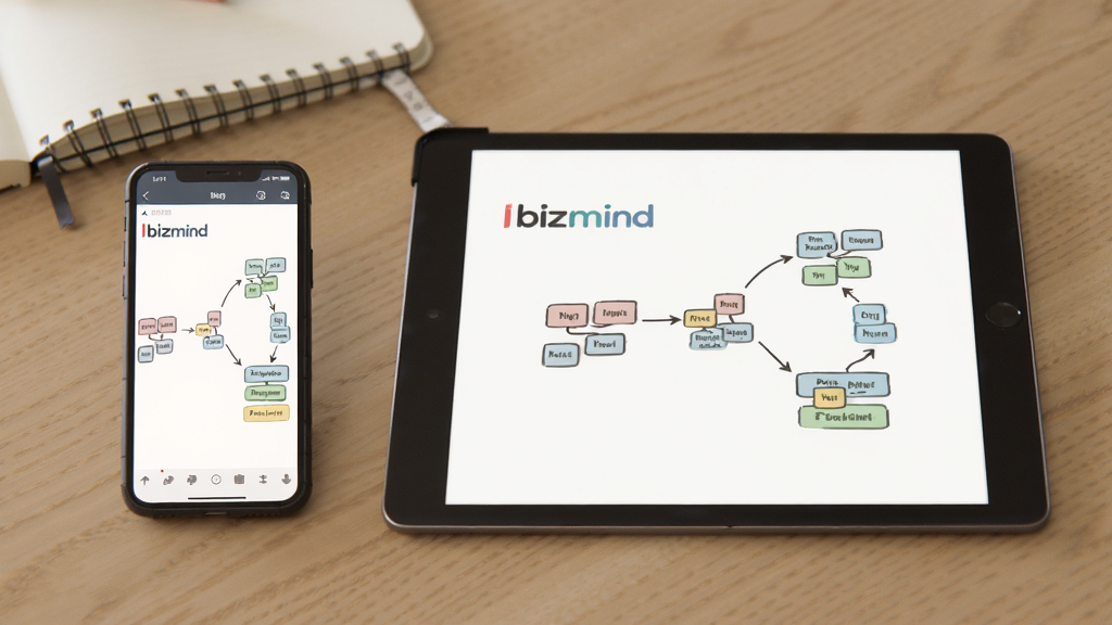 一张bizmind在手机和平板上使用的场景图,手机屏幕上显示导图编辑界面,平板展示演示模式,背景为木桌和笔记本,画面干净整洁,风格写实,光线柔和,画质清晰,无多余元素