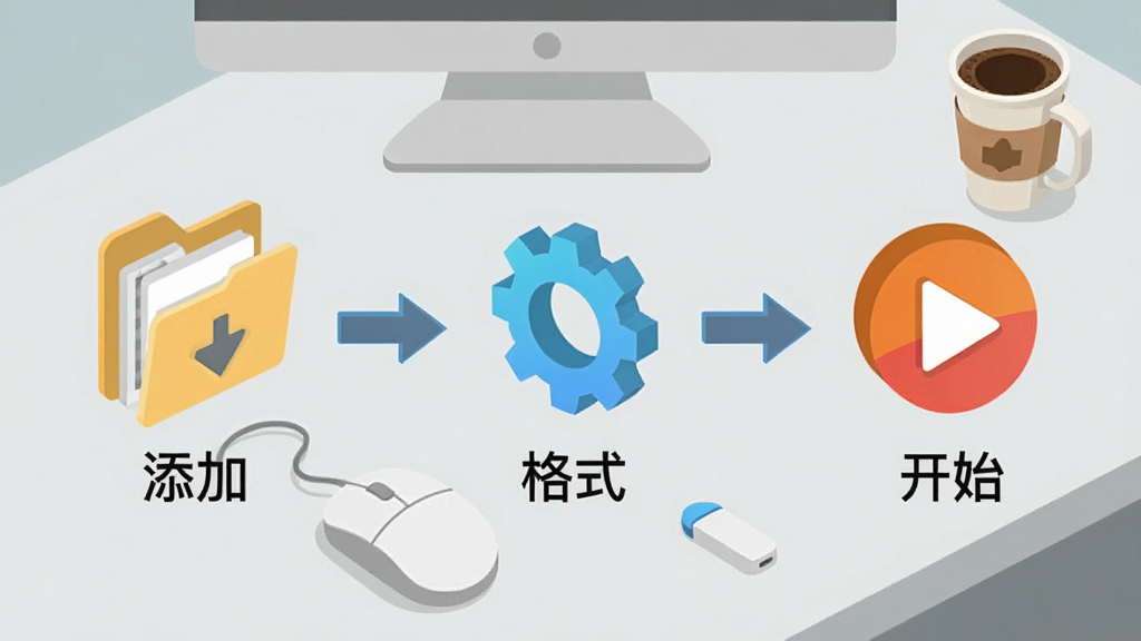展示枫叶RMVB视频格式转换器的简洁操作流程,画面用等距视角绘制三个步骤图标:第一步为“添加”文件夹图标,第二步为“格式”齿轮图标,第三步为“开始”播放按钮图标,三者之间用箭头连接。背景为浅灰色工作台,摆放着鼠标和咖啡杯,整体风格扁平化,图标色彩明亮,排版清晰,画质干净,无多余元素。