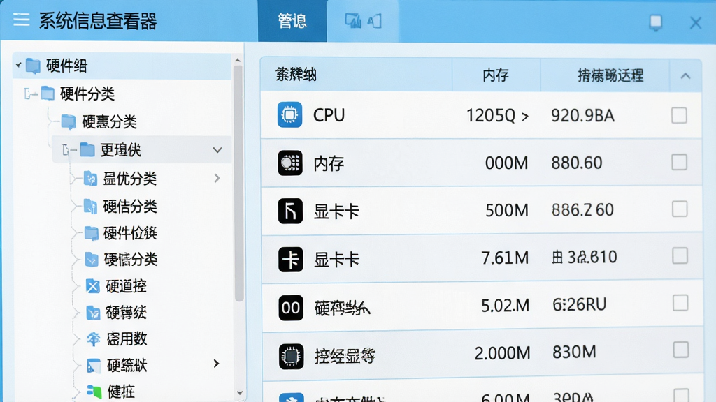图片主体为“系统信息查看器”的硬件检测结果界面,左侧显示硬件分类树形菜单,右侧以表格形式展示CPU、内存、显卡等详细参数,每项参数前配有对应的小图标。布局采用左右分栏式,排版整齐有序。色彩以浅蓝和白色为主,风格简约商务,突出数据清晰易读。画面放大显示参数文字,细节丰富,画质干净明亮,无多余装饰元素。