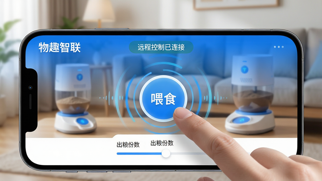 主体:手机屏幕特写展示“物趣智联”APP的远程喂食界面,界面中央有一个醒目的圆形“喂食”按钮,手指正在点击。布局:手机横屏居中,背景虚化可见客厅中的智能喂食器。排版:按钮周围有动态波纹效果,顶部显示“远程控制已连接”状态。风格:科技感与温馨感结合,界面蓝白主色调。细节:按钮下方有“出粮份数”滑块,画面清晰标注“物趣智联”字样。画质:高分辨率,干净明亮,无多余元素。