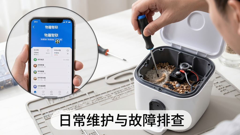 主体:一张清晰的场景图,画面中有一个人正在用手机操作“物趣智联”APP,另一只手拿着螺丝刀打开智能喂食器的储粮桶盖。布局:手机界面放大显示在左上角,右侧是拆开的喂食器内部结构。排版:图片下方有文字标签“日常维护与故障排查”。风格:写实教学风,光线明亮,背景是干净的工作台。细节:突出清理过程与传感器位置。画质:高清,干净,无多余元素。
