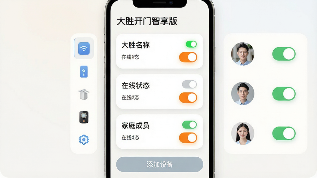 主体:一张手机与智能门禁设备连接的管理界面截图风格图,屏幕中上下排列着三个门禁卡片,每个卡片显示名称、在线状态和开关按钮。布局:手机画面居中,左侧有一列设备图标,右侧显示家庭成员头像与授权开关。排版:卡片圆角设计,状态灯为绿与橙色。风格:家庭智能中控风格,浅色背景。细节:顶部有“大胜开门智享版”标题,底部有“添加设备”按钮。画质:高清,干净,无多余元素。