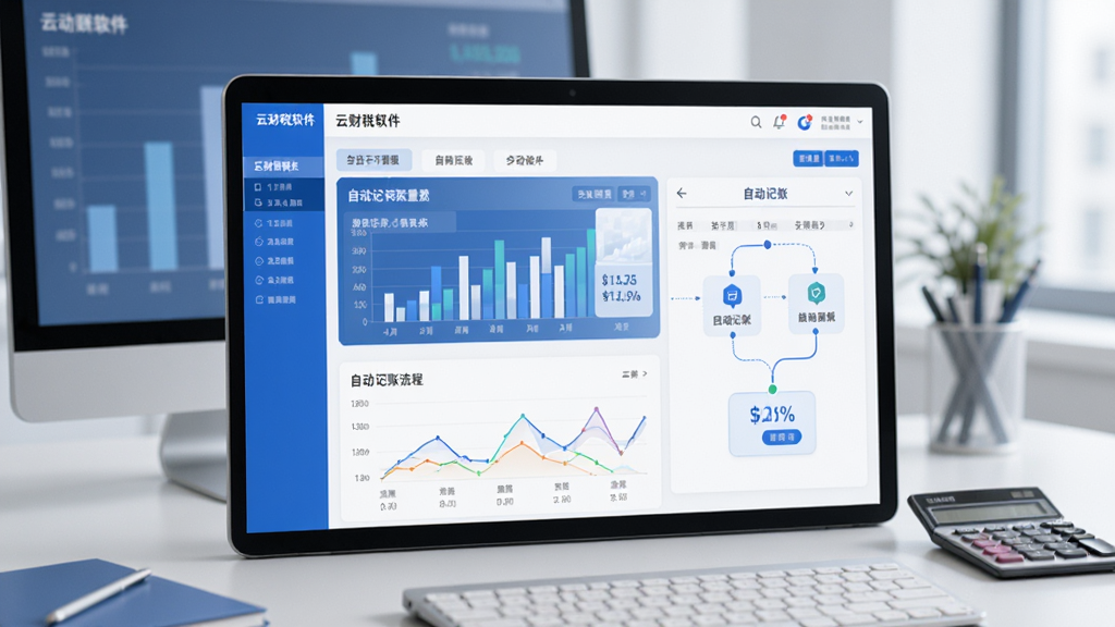 一幅展示云财税软件主界面的高清图片,界面包含清晰的财务报表图表、自动记账流程节点,背景为现代简约的办公桌面,配有电脑与计算器,整体风格商务科技感,蓝色与白色为主色调,光线明亮柔和,细节丰富,画质清晰干净,无多余元素