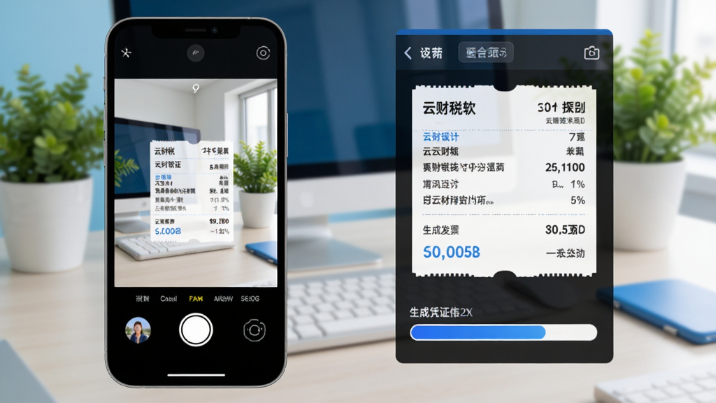 云财税软件手机端扫描发票的界面预览图,画面左侧为手机拍照界面,右侧为识别出的票据信息与生成凭证的进度条,背景为办公桌面与绿植,风格清新明亮,蓝色主色调,构图简洁,细节清晰,画质干净,无多余元素