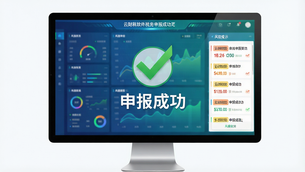 云财税软件税务申报成功页面展示,屏幕中央显示绿色对勾与“申报成功”字样,背景为彩色数据仪表盘与风险提示列表,风格商务科技,蓝绿配色,画面整洁,细节精细,画质干净,无多余元素