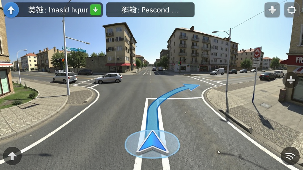 高清地图导航全景软件的3D全景导航实景画面,主体为前方十字路口的真实街景,叠加半透明蓝色方向箭头,布局为全屏实景导航界面,顶部有道路名称提示条,风格为实景与虚拟增强结合,细节展现路面标线与周围建筑,画质清晰明亮,无多余元素