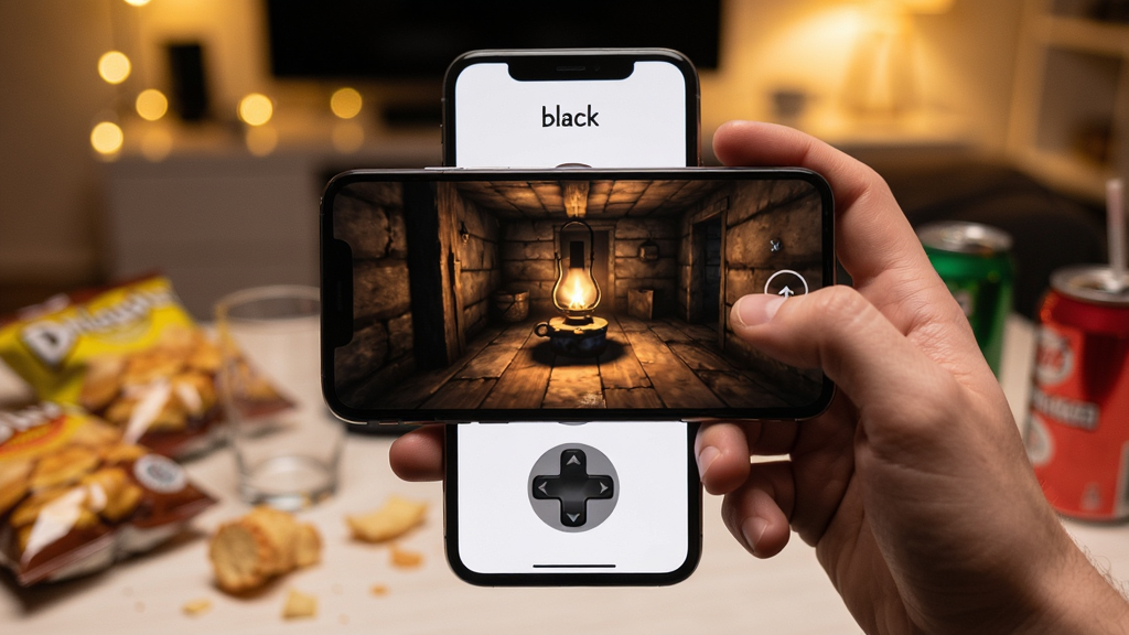 主体:玩家手持手机游玩black,屏幕显示游戏内一个亮着油灯的地下室场景。 布局:手机居中,背景为模糊的室内环境,暖色调灯光。 排版:手机屏幕上方有“black”小字,下方显示虚拟摇杆。 风格:写实摄影风,浅景深效果。 细节:手部自然握持,屏幕反光适中,周围有散落的零食和饮料。 画质:高清,画面干净无多余元素。