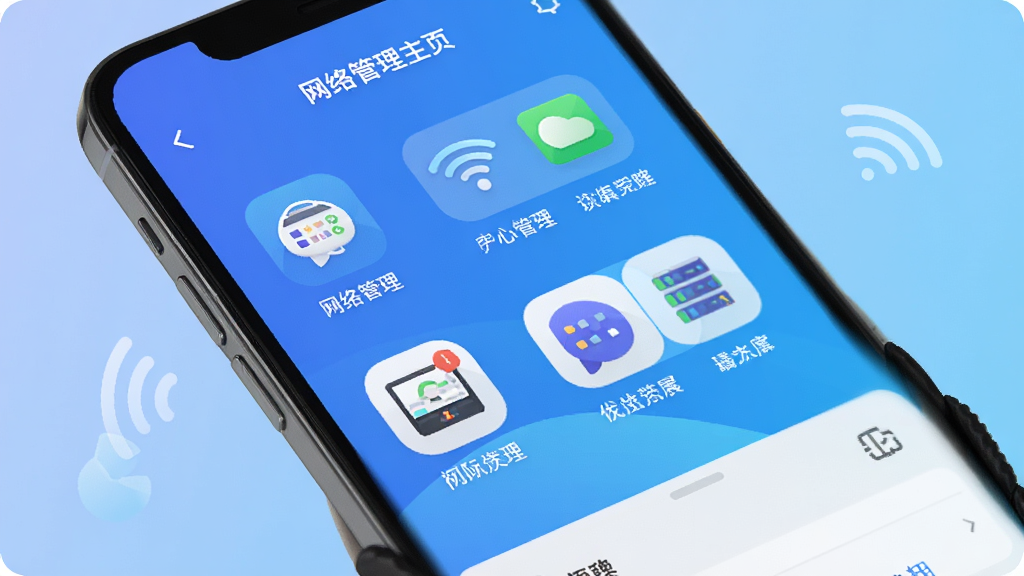 格行App主界面展示,智能手机屏幕显示网络管理主页,背景为渐变蓝色,图标清晰排列,整体风格简洁现代,画质高清,干净无多余元素