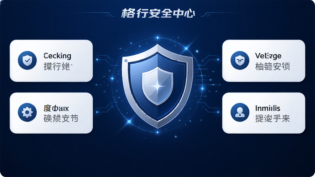 格行安全中心界面,盾牌图标为主视觉,周围环绕功能项,背景深蓝色,突出安全主题,画质高清,无多余杂物