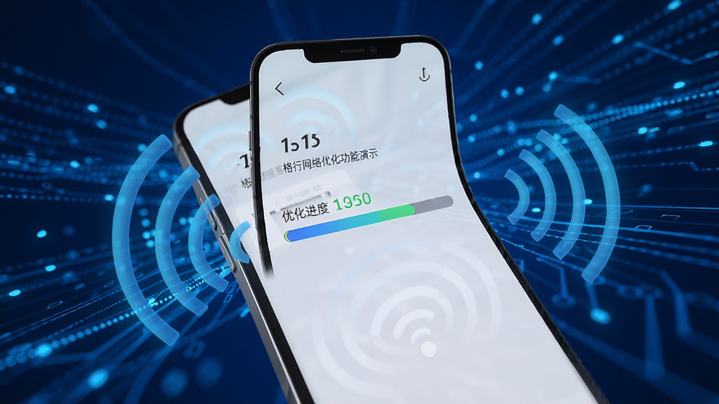 格行网络优化功能演示,手机屏幕显示优化进度条,周围有信号波纹图标,背景动态蓝色,科技感强,画质清晰